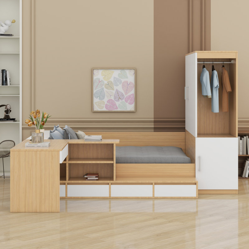Lit plateforme avec tiroirs, tablettes, bureau et garde-robe, Naturel