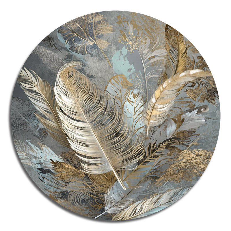 Art mural rond en plumes dorées - Glam Feather, H 23 po x l 23 po x P 1 po