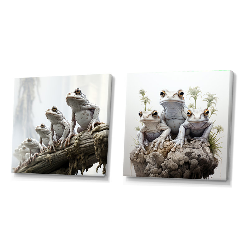 Minimalisme Frog Family Harmony - Ensemble de 2 collages carrés grenouilles et crapauds, Toile tendue, H 30 po x l 61 po