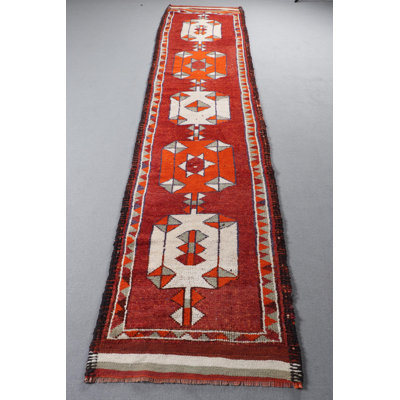 Handwoven Turkish Red Kilim Runner Rug with Geometric Design for Vintage Style Bohemian Home Decor