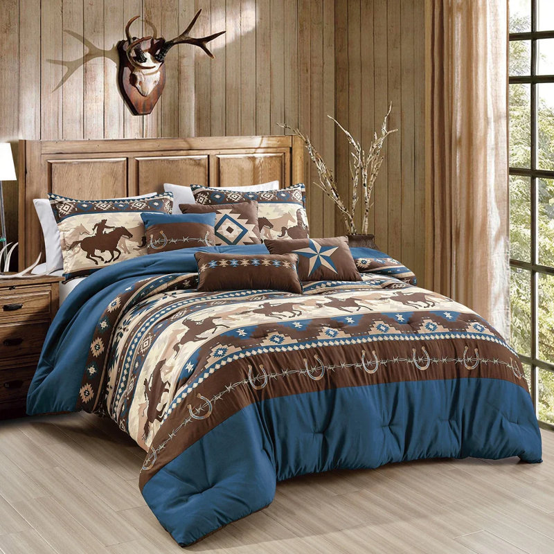 Ensemble de 7 pièces d'édredon à motif de broderie bleu brun Southwestern Cowboys