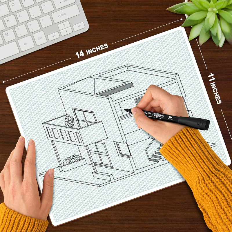 Scribbledo Grille isométrique 11 po x 14 po grand tableau effaçable à sec tableau blanc recto-verso lignes de quadrillage graphique pour tableau de conception 3D à grille architecturale pour salle de classe