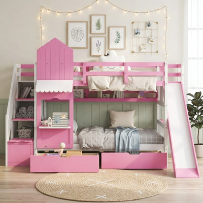Twin-Over-Twin Castle Style Bunk Bed With Drawers, Shelves, And Slide For Fun And Functional Sleeping