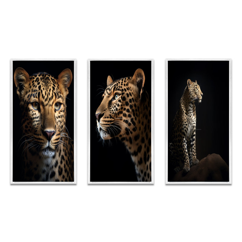 "Superbe portrait de léopard" - 3 pièces, H 20 po x l 36 po, Cadre blanc