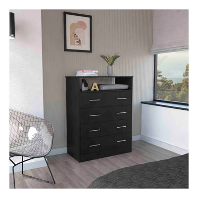 Peru L Four Drawer Dresser, Superior Top, One Open Shelf -Black