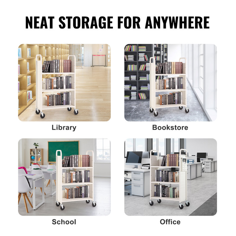 White Carbon Steel Rolling Library Book Cart with Lockable Wheels