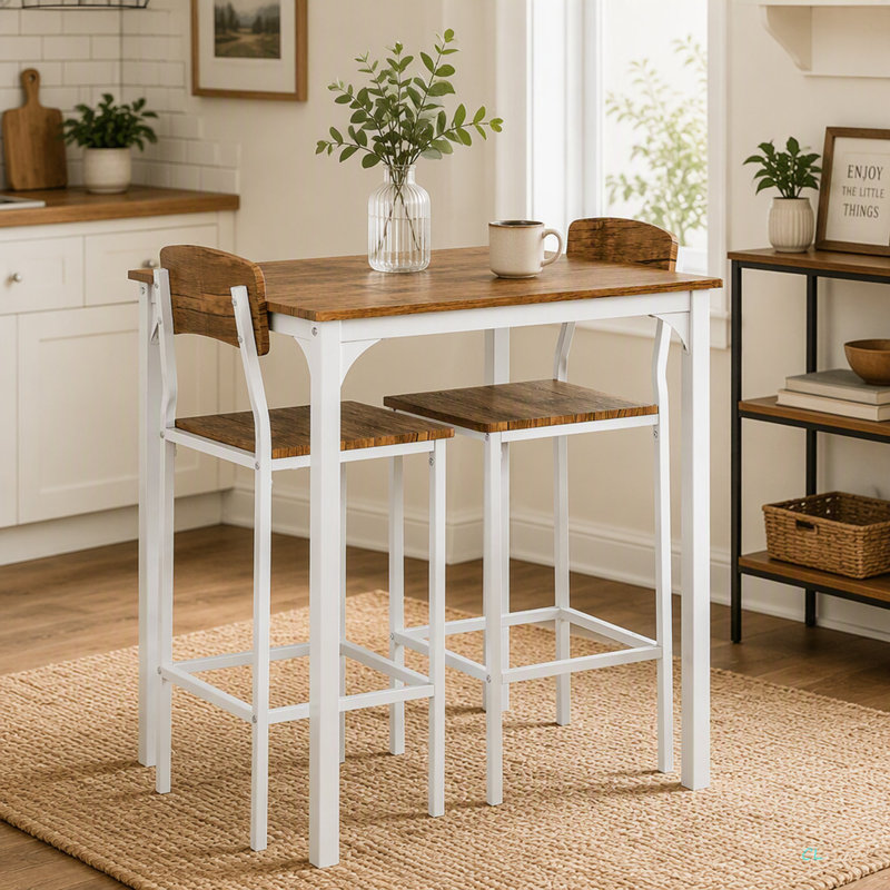 Ensemble de table de bar 3 pièces, ensemble de table de salle à manger à hauteur de comptoir industriel, table de bar et chaises avec pieds et repose-pieds en acier