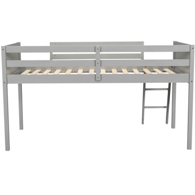 Twin Size Low Loft Bed With Wood , Gray. And Dependable. No Box Spring. Easy Assembly Gray . Solid & Frame. Safe Full Guardrails. To Assemble. 76'' X 39.3'' Size. 44.5''H
