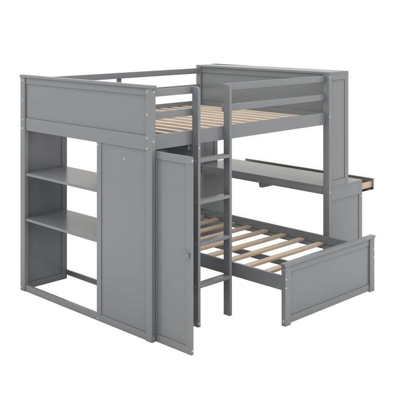 Lit mezzanine double avec lit autonome, tablettes, bureau et garde-robe, Gris