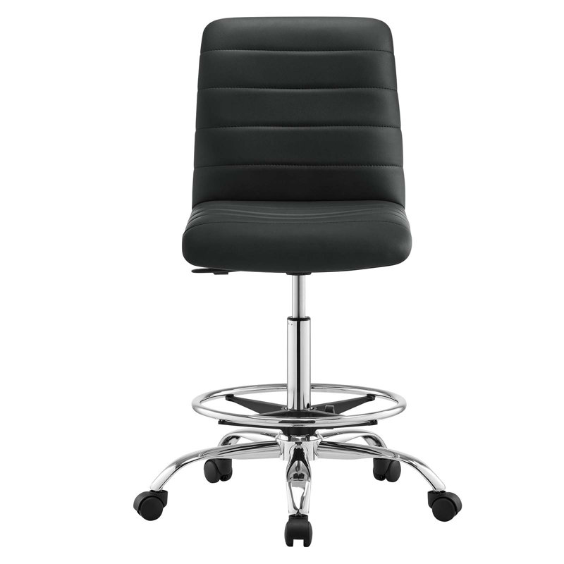 Ripple Armless Vegan Leather Drafting Chair In Black White, Black, Silver