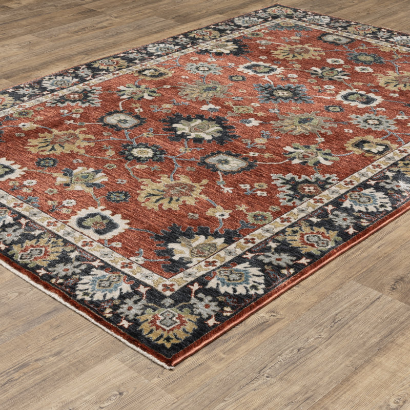 Caia Traditional Floral Rust Red/ Blue Area Rug, Rectangle 5'3" x 7'9"