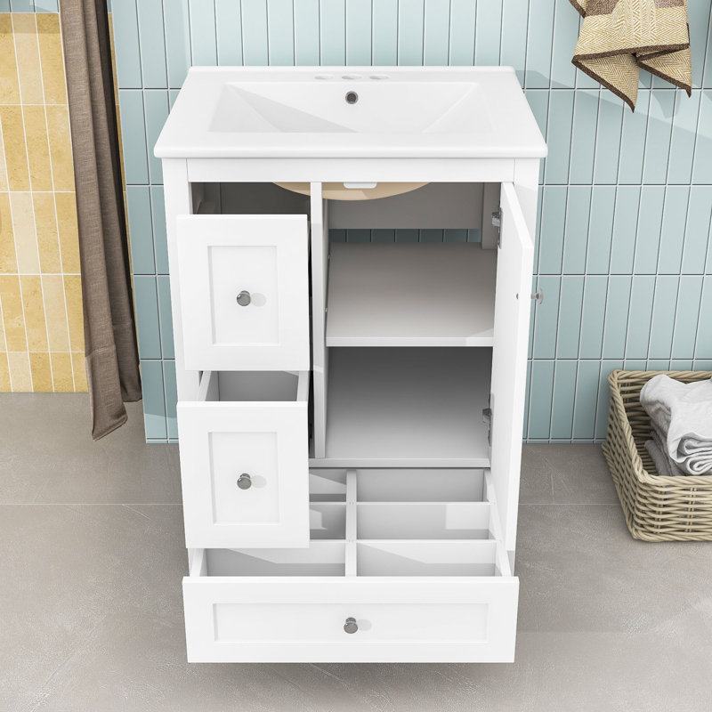 Meuble-lavabo avec lavabo, trois tiroirs de rangement et tablette réglable, Blanc brillant / blanc