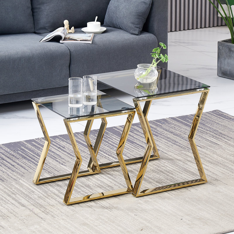Taoussi 2 - Pieces Luxury Golden Stainless Steel Nesting Tables with Tempered Glass, Gold Base & Dark Top