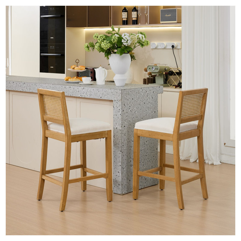 Ensemble de 2 tabourets de bar en bois massif à dossier en rotin avec coussin en lin beige, siège de style nautique à hauteur de comptoir