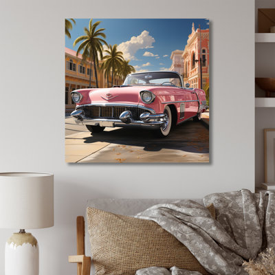 Voiture rétro classique rétro sur toile rose