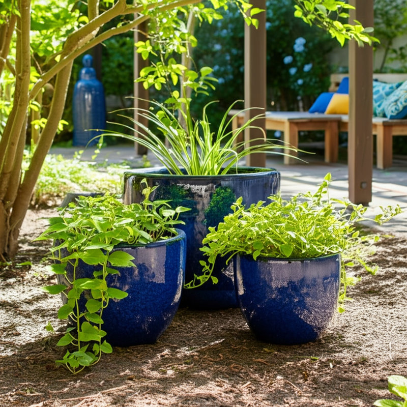 Ensemble de pots à fleurs en céramique Aedin, Bleu