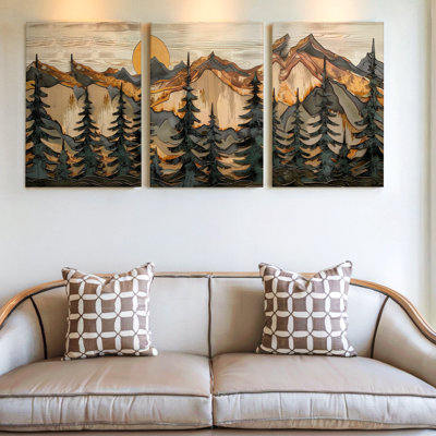 3 Pieces Stunning Mountain Landscape Large Wall Art with Majestic Trees and a, Three Pieces Wall Art for Living Room, Bedroom, Office, and Home Decor