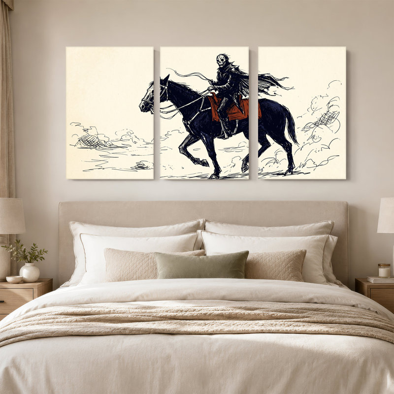 «Skeleton Rider On», cheval noir avec selle rouge, ensemble de 3 toiles, 36"H x 24"W x 3pcs