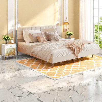 Lit très grand moderne en velours avec DEL, rangement et USB, beige