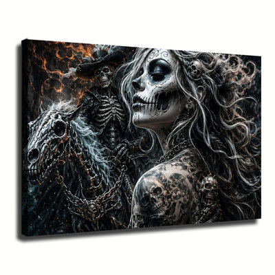 Sugar Skull Lady With Skeleton Rider And Horse Dark Gothic Halloween Canvas Wall Art Decor