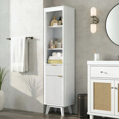 Tall Storage Cabinet with Adjustable Shelves and Drawer, Fluted Design for Bathroom/Living Room