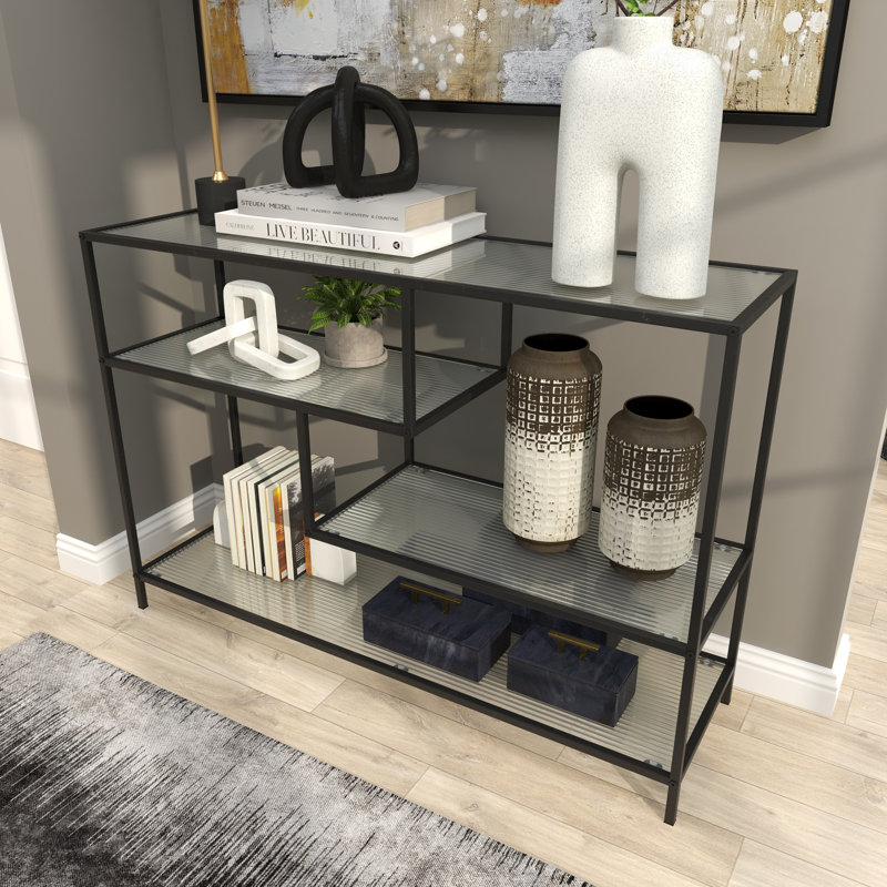 Black Metal 4 Shelf Storage Shelving Unit with Clear Glass Shelves