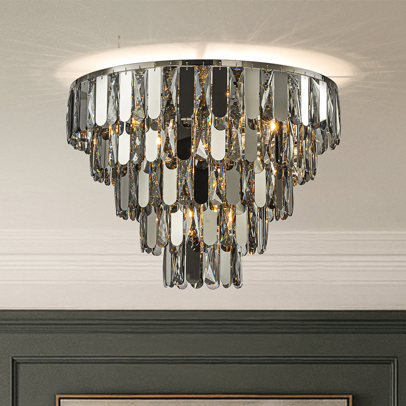 4-light Dimmable 3-tier Smoked Crystal Flush Mount Ceiling Light 14" Round Low Profile Chandelier With Polished Nickel Finish And Stainless Steel Accents For Dining Room, Entryway