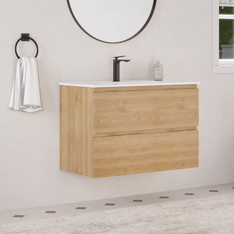 Meuble-lavabo flottant mural 36 po avec lavabo en céramique, noyer naturel, Noyer naturel, 36"