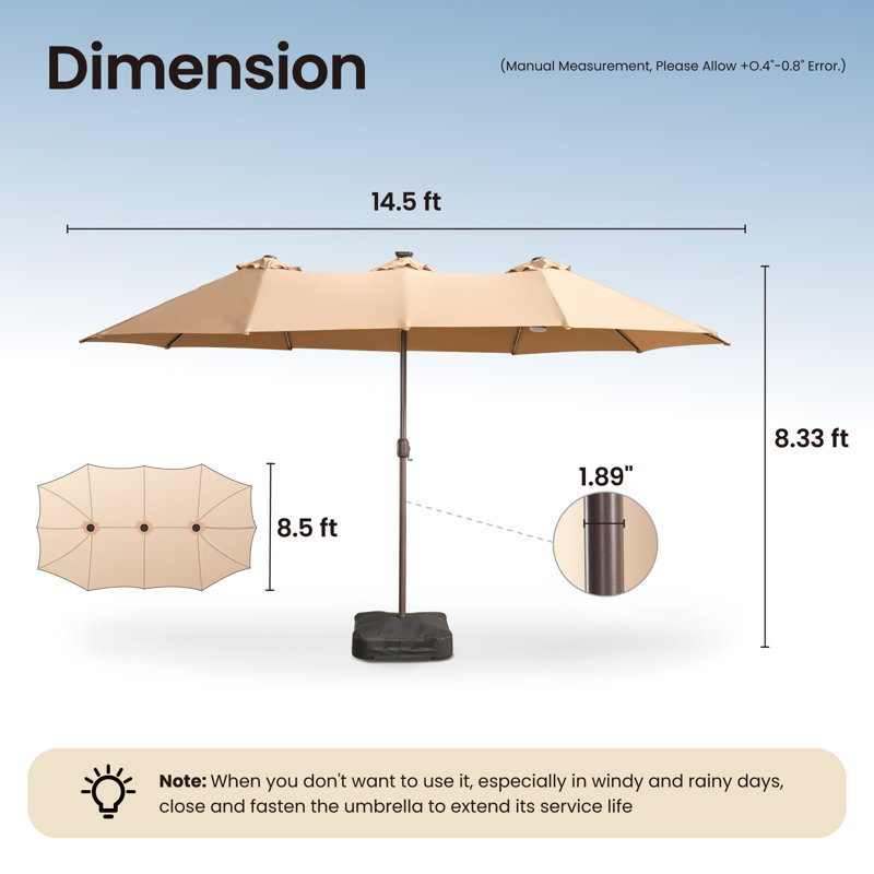 14.5 Ft X 8.3 Ft Rectangular Led Light Market Umbrella With Remote & App-Controlled Color-Changing Lights And Base, Tan