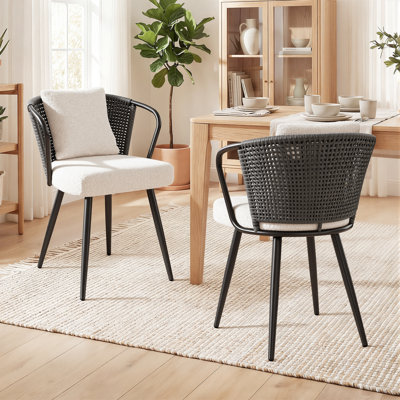 Rattan Back & Teddy Fabric Upholstered Dining Chairs with Metal Legs, Ergonomic Backrest and Throw Pillows
