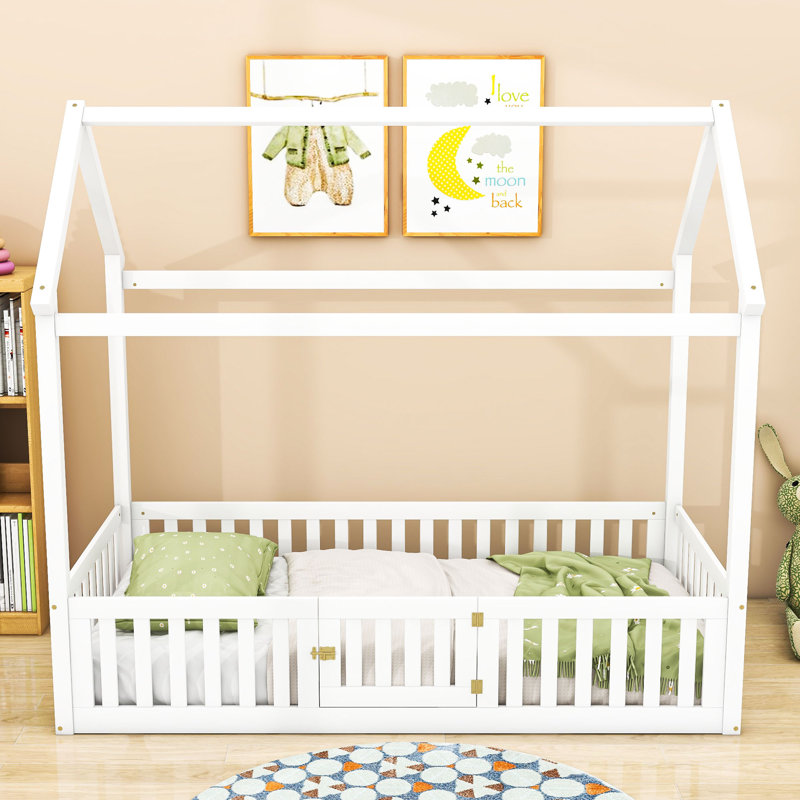 Leoti Twin Wooden House Bed, White Wash