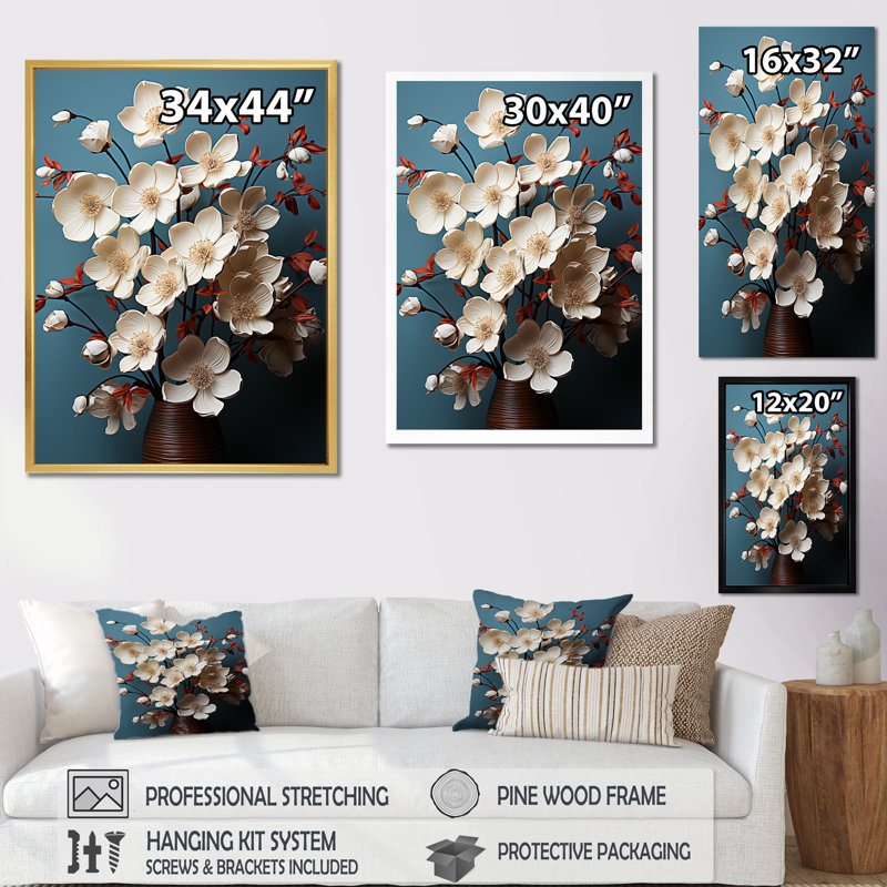 «Soft Dogwood Blossoms I», reproduction sur toile, Cadre flottant blanc, H 32 po x l 24 po x P 1 po