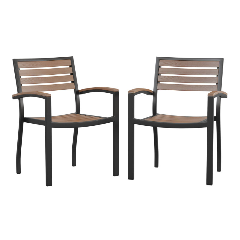 Black Metal and Faux Teak Outdoor Dining Armchair Set