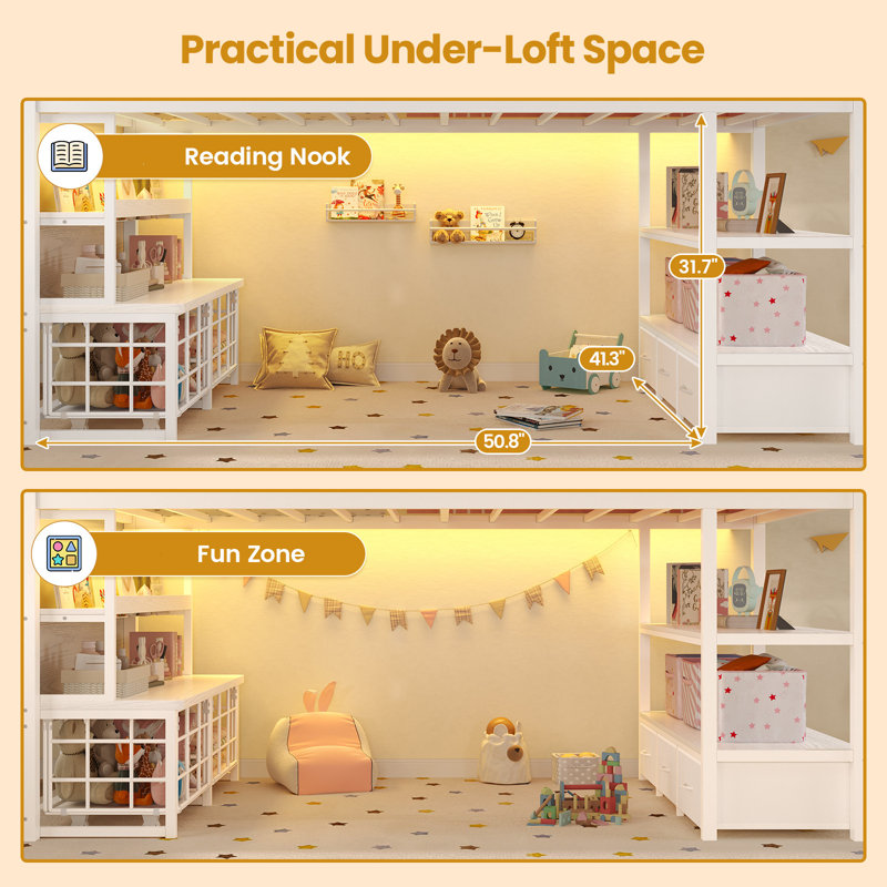 Low Loft Bed Twin Size With 5 Storage Drawers & Bookcase,Twin Loft Bed With Led Lights, Open Storage Shelves, Metal Loft Bed With 13.4In Guardrail,Under-Bed Play Space,House Shape