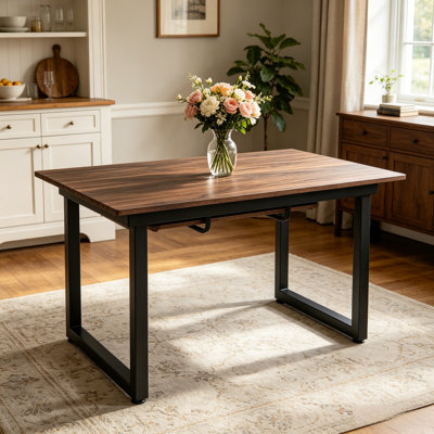 Scalable Walnut Colored Dining Table, Industrial Metal Frame Expandable Kitchen Dining Table, Rectangular Adjustable Length Dining Table For Dining Ro