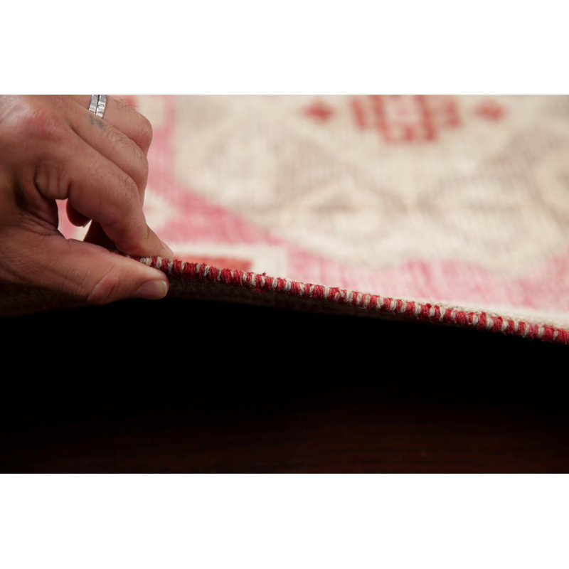 Tapis de couloir unique en laine noué à la main Oushak rouge / beige des années 2010 de 2 pi 11 po x 12 pi 5 po Ninna