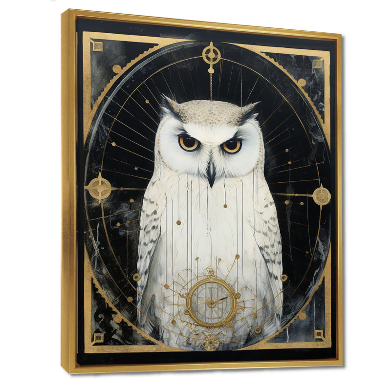 Reproduction d'art mural hibou blanc - Sagesse rétro glamour, Toile flottante dorée encadrée, H 32 po x l 24 po