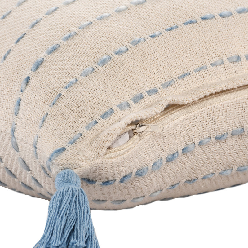 Housse de coussin décorative Fablewyn à bordure, contemporaine, faite à la main, 100 % coton, Blue/Ivory