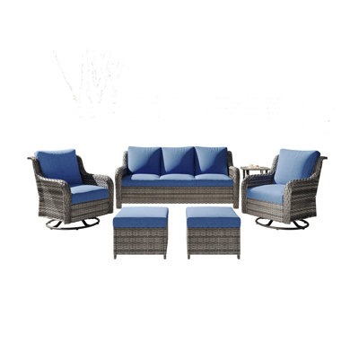 6-Piece Outdoor Patio Furniture Set, All-Weather Pe Wicker 3-Seater Sofa 2 Swivel Chairs 2 Footstools Side Table, High Back Wide Armrest, 360° Swivel Rocking, Waterproof Cushions For Porch Sunroom Patio, Gray