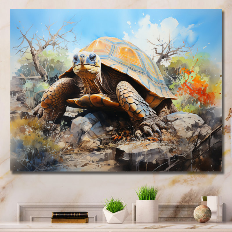 Turtle On Land I - Turtle Framed Canvas Print, Wrapped Canvas, 16" H x 32" W x 1" D