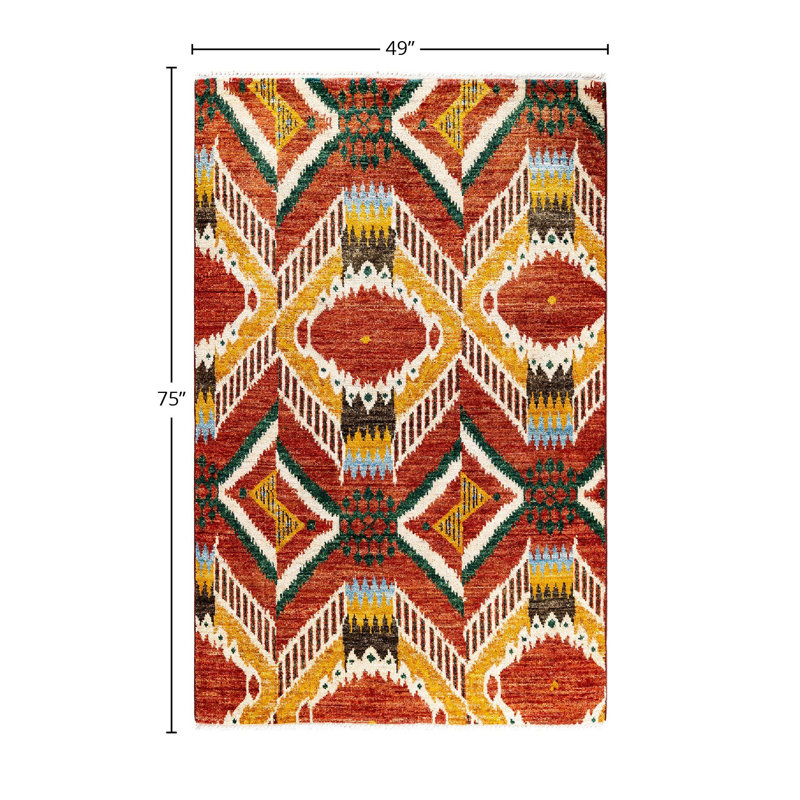 Tapis rouge / jaune / vert / blanc surteint de conception unique 4 pi 1 po x 6 pi 3 po Overdyed