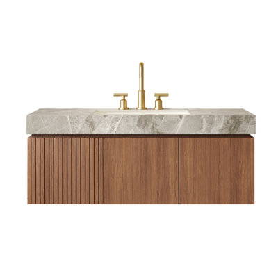 Ensemble de meuble-lavabo 48 po, armoire de rangement flottante en contreplaqué, comptoir en pierre frittée gris clair avec vasque en céramique, placage au fini chêne brun