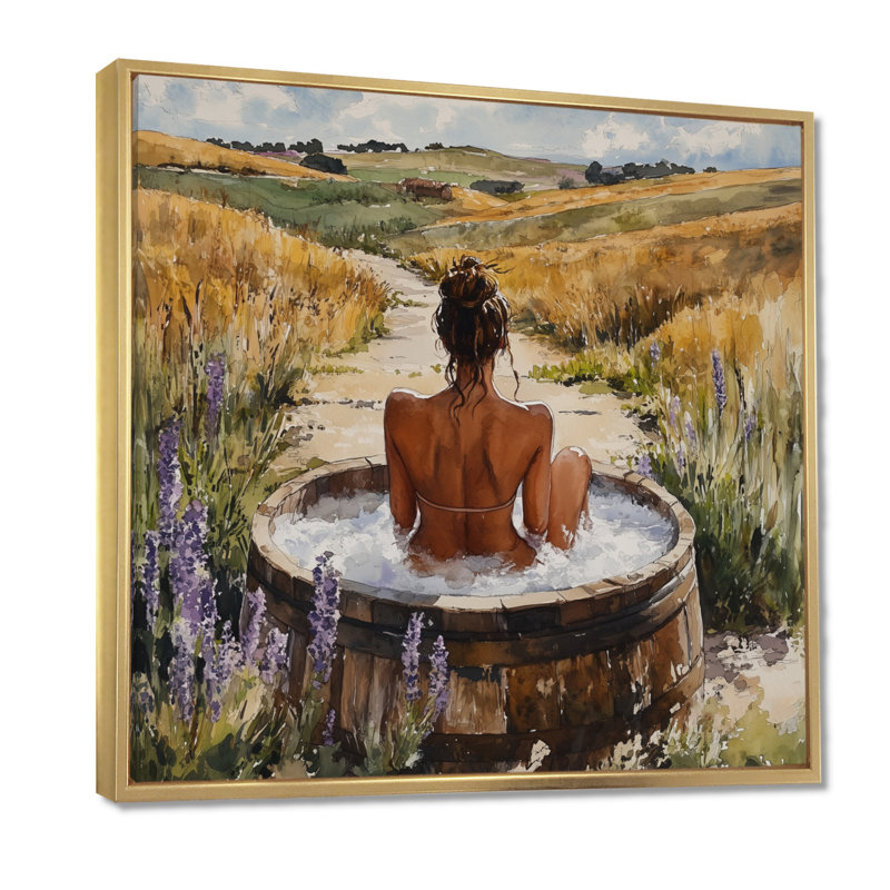 Femme dans une prairie de baignoire - art mural de salle de bain, H 30 po x l 30 po x P 1 po, Toile avec cadre flottant or