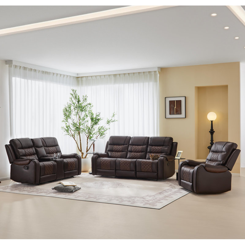3-Piece Breathable Faux Leather Manual Recliner Living Room Set with Rocking Chair, Storage Console and Cup Holders