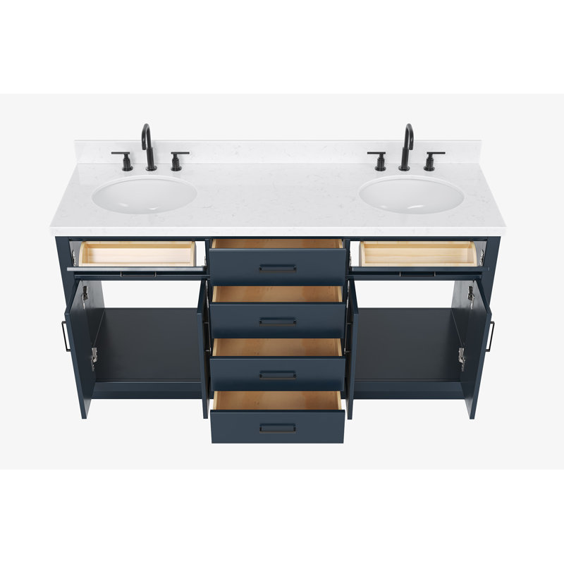 Thornaby 66'' Solid Wood Double Bathroom Vanity with 1.5'' Carrara Quartz Top, Oval, Midnight Blue / Matte Black