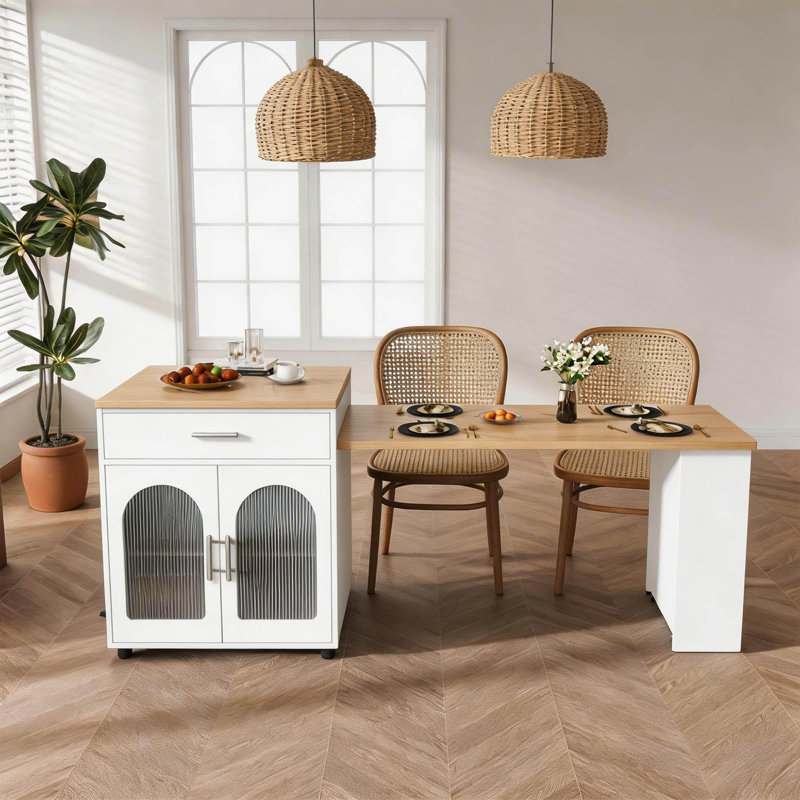 80" Expandable Kitchen Island Dining Table, Marble-Grain Countertop With Power Outlet, Storage Kitchen Prep Station With Wine Rack
