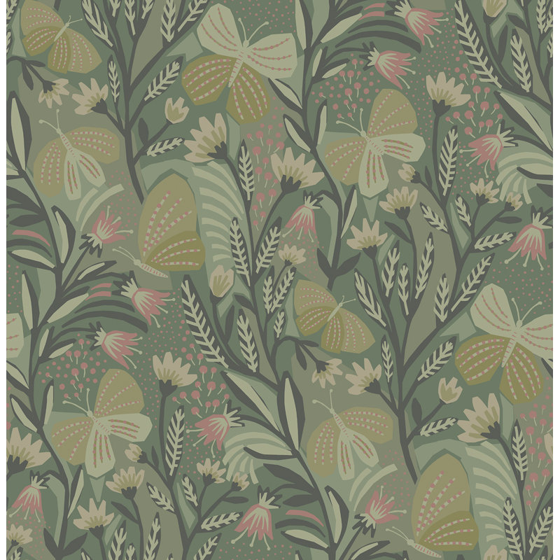 Sage Papillon Flutter 18' L x 20.5" W Peel and Stick Wallpaper Roll