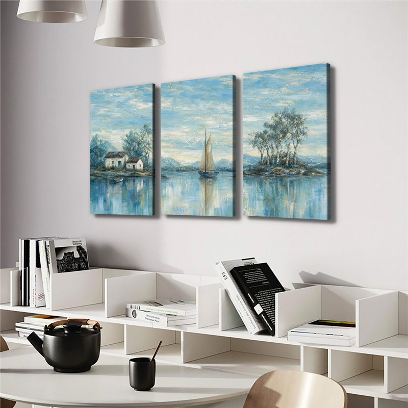 Toile, peinture à l'huile texturée, voilier au bord du lac, 20 * 30 pouces * 3