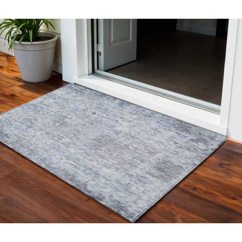 3' X 5' Sky Blue Charcoal And Ivory Abstract Washable Indoor Outdoor Area Rug
