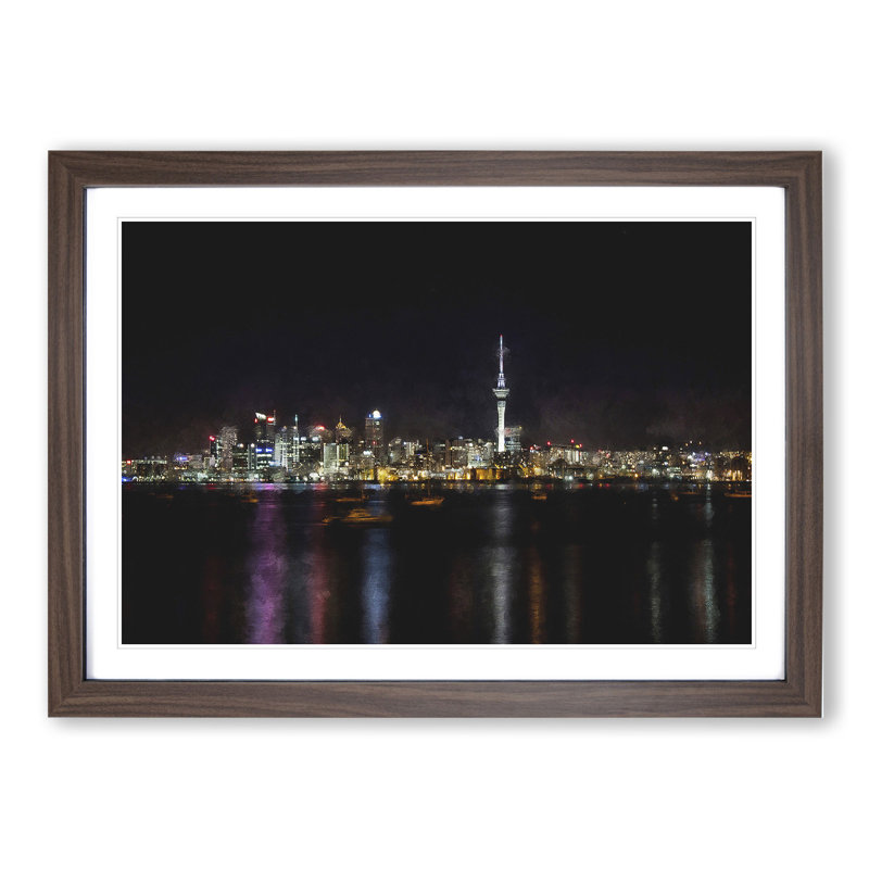 Auckland New Zealand Skyline - Picture Frame Graphic Art, 36cm H x 48cm W x 2cm D, Walnut Framed